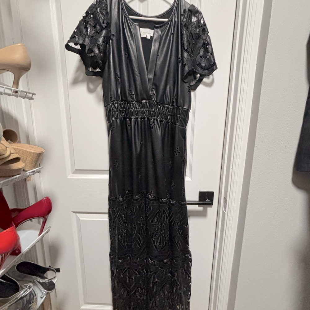 Anthropologie Embroidered Black Lace Maxi Dress (Faux Leather)
